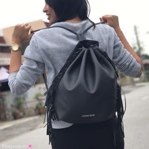 Victoria secret draw string black leather purse